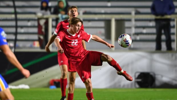 Dec 9, 2022; Cary, NC, USA; Indiana midfielder Patrick McDonald (22) clears the ball in the second half at WakeMed Soccer Park.